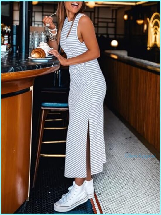 Slim Fit Midi Dress with Tie Waist and Slit, Sleeveless Tank Style for Summer - Picture 3 of 7